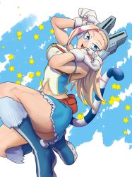 Rule 34 | 1girl, abs, animal hands, belt, blonde hair, blue background, blue eyes, blue footwear, boku no hero academia, boots, breasts, cat tail, cleavage, corset, fake tail, goggles, hair pulled back, hands up, headgear, highres, hiromago, large breasts, licking lips, long hair, looking at viewer, miniskirt, navel, panties, paw pose, pixie-bob (boku no hero academia), pouch, skirt, smile, solo, star (symbol), tail, thighhighs, thighs, tinted eyewear, toned, tongue, tongue out, underwear, visor