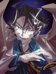 Rule 34 | + +, 1boy, absurdres, ahoge, black background, black hair, blazer, blue background, blue shirt, coat, coat on shoulders, coke-bottle glasses, collar chain (jewelry), collared shirt, curtained hair, diffraction spikes, eyewear strap, fate/grand order, fate (series), floating clothes, glasses, gradient background, hand up, highres, jacket, long sleeves, looking at viewer, looking over eyewear, male focus, multicolored hair, necktie, open clothes, open jacket, open mouth, pinstripe pattern, pinstripe shirt, print necktie, purple eyes, scratches, shirt, smile, solo, streaked hair, striped, sweat, syakegaumai, uneven eyes, v-shaped eyebrows, white hair, white jacket, yellow necktie, yoshida shouin (fate)