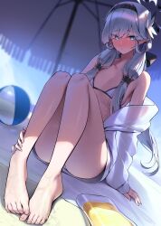 Rule 34 | 1girl, absurdres, arm support, ball, bare legs, barefoot, beach umbrella, beachball, bikini, blue archive, blurry, blurry background, blush, breasts, collarbone, earclip, feet, grey hair, hair tubes, halo, highres, himari (blue archive), jacket, knees up, legs, looking at viewer, mole, mole under eye, nervous sweating, nose blush, outdoors, pointy ears, sbgu, see-through silhouette, sitting, small breasts, solo, sweat, swimsuit, toenails, toes, umbrella, white bikini, white jacket
