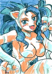 1girl animal_ears animal_hands blue_eyes blue_hair blush breasts capcom cat_ears cat_girl cat_tail claws collarbone darkstalkers fang felicia_(darkstalkers) hand_on_own_hip hepburn_(pixiv_1033192) large_breasts long_hair looking_at_viewer marker_(medium) navel nude open_mouth smile standing tail traditional_media white_background white_fur