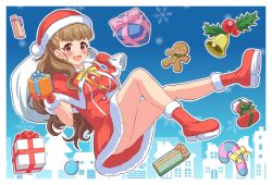 Rule 34 | 1girl, :d, bell, blunt bangs, boots, brown hair, candy, candy cane, capelet, christmas, commentary, dress, english commentary, eyebrows, floating, food, gift, gingerbread man, gloves, hat, highres, holding, holding gift, holding sack, holly, idolmaster, idolmaster cinderella girls, kamiya nao, knee up, long hair, looking at viewer, melnia0916, mixed-language commentary, open mouth, over shoulder, red capelet, red dress, red eyes, red footwear, red gloves, red hat, sack, santa boots, santa dress, santa gloves, santa hat, short dress, smile, solo