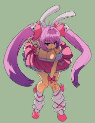 Rule 34 | 1girl, ahoge, animal ears, bow, breasts, cleavage, commentary, di gi charat, dice hair ornament, grey background, hair intakes, hair ornament, hand on own hip, heart, highres, large breasts, leaning forward, leg warmers, long hair, parted lips, pink bow, pink footwear, pink skirt, purple eyes, purple hair, rabbit ears, romaji commentary, shoes, simple background, skirt, solo, sumiyao (amam), twintails, usada hikaru, very long hair, wristband