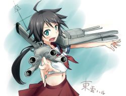 Rule 34 | 10s, 1girl, :d, ahoge, artist name, black hair, cannon, crop top, crop top overhang, fang, green eyes, kako (kancolle), kantai collection, looking at viewer, machinery, midriff, navel, neckerchief, open mouth, pleated skirt, ponytail, school uniform, serafuku, shinonome haru, skirt, smile, solo, turret