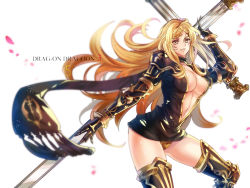 Rule 34 | armor, blonde hair, breasts, center opening, cleavage, drag-on dragoon, drag-on dragoon 3, five (drag-on dragoon), large breasts, long hair, midriff, nadir, petals, tagme, weapon, yellow eyes