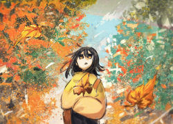 Rule 34 | 1girl, :o, autumn, bag, black hair, brown eyes, crossed arms, facing viewer, highres, leaf, looking up, medium hair, open mouth, original, outdoors, scenery, shoulder bag, solo, sweater, tsushima sora, yellow sweater