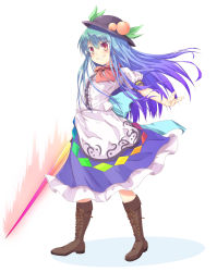 Rule 34 | 1girl, bad id, bad pixiv id, blue hair, boots, dress, facing away, food, fruit, full body, hat, highres, hinanawi tenshi, knee boots, layered dress, leaf, long hair, nekomiyanono, outstretched arm, peach, puffy short sleeves, puffy sleeves, red eyes, ribbon, short sleeves, simple background, sneer, solo, sword of hisou, touhou, white background, wind