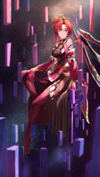Rule 34 | 1girl, absurdres, alternate eye color, amomo, bare shoulders, black legwear, breasts, china dress, chinese clothes, cleavage, closed mouth, dress, floating, gloves, highres, honkai (series), honkai impact 3rd, looking at viewer, murata himeko, murata himeko (vermillion knight), red eyes, red gloves, red hair, red legwear, sitting, smile, solo