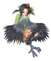 Rule 34 | 1girl, absurdres, black hair, black wings, blush, caleana, crow tengu, digitigrade, egg, feathered wings, feathers, hair ornament, happy, harpy, hat, highres, karasu tengu (monster girl encyclopedia), leaf hair ornament, md5 mismatch, monster girl, monster girl encyclopedia, mother and child, hugging object, pointy ears, red eyes, resized, short hair, signature, simple background, skirt, smile, solo, talons, tengu, tokin hat, upscaled, white background, winged arms, wings