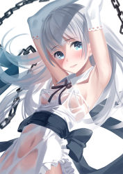 Rule 34 | 1girl, armpits, arms up, bad id, bad pixiv id, bdsm, blue eyes, blush, bondage, bound, breasts, chain, elbow gloves, gloves, long hair, looking at viewer, md5 mismatch, original, sash, see-through, silver hair, simple background, small breasts, solo, yasuno (airy light)