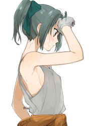 Rule 34 | 10s, 1girl, artist name, bad id, bad twitter id, bare arms, bare shoulders, blush, bow, breasts, clothes around waist, commentary request, gloves, green bow, green hair, grey hair, hair bow, hita (hitapita), kantai collection, messy hair, no bra, ponytail, sideboob, simple background, sleeveless, small breasts, solo, tank top, white background, white gloves, yuubari (kancolle)