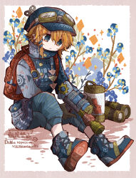 Rule 34 | 1boy, artist name, bloomminority, blue eyes, boots, border, brown border, full body, goggles, goggles on head, goggles on headwear, hat, highres, jacket, long sleeves, male focus, orange hair, original, short hair, sitting, solo, steampunk, twitter username, white background