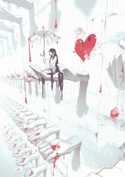 Rule 34 | 1girl, absurdly long hair, black hair, bleeding, blood, clenched hands, commentary, dress, dripping, faceless, full body, glitch, hand focus, hand up, heart, highres, holding, holding umbrella, long hair, long sleeves, monochrome, neg (101neg), original, seiza, sitting, solo, spot color, umbrella, very long hair, white dress, white umbrella, wide shot