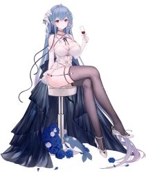 Rule 34 | 1girl, absurdres, ahoge, alcohol, arm support, bar stool, bare shoulders, black thighhighs, blue flower, blue hair, blue overskirt, blue rose, breasts, cleavage, closed mouth, clothing cutout, crossed legs, cup, dress, drinking glass, elbow gloves, evening gown, flower, full body, garter straps, gloves, hair ornament, hand up, haruka (stardust project), high heels, highres, holding, holding cup, large breasts, long hair, looking at viewer, official art, on stool, red eyes, rose, shoe dangle, side cutout, sitting, sleeveless, sleeveless dress, smile, solo, spaghetti strap, stardust project, stomach cutout, stool, straight hair, stuffed animal, stuffed dolphin, stuffed toy, tachi-e, thighhighs, transparent background, very long hair, virtual youtuber, white flower, white footwear, white gloves, white rose, wine, wine glass