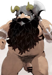 Rule 34 | 1boy, absurdres, axe, bara, battle axe, beard, belly, brown hair, completely nude, dungeon meshi, dwarf, facial hair, fake horns, fat, fat man, flaccid, hachirouta, helmet, highres, holding, holding axe, horned helmet, horns, long beard, looking ahead, male focus, male pubic hair, muscular, muscular male, nipples, nude, over shoulder, pectorals, penis, pubic hair, senshi (dungeon meshi), solo, standing, thick mustache, very long beard, weapon, weapon over shoulder
