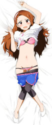 Rule 34 | 1girl, bra, brown hair, clothes lift, clothes pull, feet, groin, hairband, highres, idolmaster, idolmaster (classic), long hair, looking at viewer, lying, midriff, minase iori, navel, no shoes, open mouth, panties, pants, pants pull, panty pull, pink bra, pink panties, pori88, red eyes, shirt lift, socks, solo, underwear