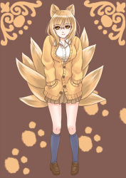 Rule 34 | 1girl, alternate costume, animal ears, bad id, bad pixiv id, bespectacled, blonde hair, brown background, casual, contemporary, female focus, fox ears, fox tail, glasses, gorota, kneehighs, multiple tails, no headwear, paw print, shoes, short hair, socks, solo, tail, touhou, yakumo ran, yellow eyes