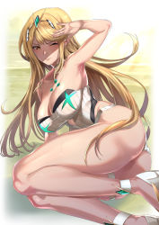 Rule 34 | 1girl, armpits, bare shoulders, blonde hair, breasts, brown eyes, cleavage, closed mouth, commentary request, covered navel, gem, headpiece, highleg, highleg leotard, highres, hotate-chan, jewelry, large breasts, leotard, long hair, mythra (xenoblade), nintendo, one eye closed, solo, swept bangs, thigh strap, thighs, tiara, xenoblade chronicles (series), xenoblade chronicles 2, yellow background, yellow eyes