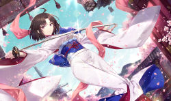 Rule 34 | 1girl, ahoge, architecture, brown hair, check commentary, cherry blossoms, cloud, commentary, commentary request, dutch angle, east asian architecture, floral print, gabiran, glint, hagoromo, hanging light, highres, japanese clothes, kara no kyoukai, katana, kimono, looking at viewer, obi, obijime, petals, purple eyes, rolled up, ryougi shiki, sash, screen, shawl, short hair, sky, solo, standing, sword, tassel, tower, weapon, wind