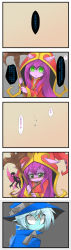 Rule 34 | 1boy, 1girl, 5koma, animal ears, chinese text, colored skin, comic, constricted pupils, crying, empty eyes, gradient background, green eyes, hat, highres, image sample, league of legends, lulu (league of legends), pix (league of legends), pixiv sample, purple hair, purple skin, scar, shaded face, staff, surprised, tears, translation request, veigar, white hair, yan531, yellow eyes, yordle