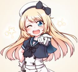 Rule 34 | blonde hair, blue eyes, blush, dress, foreshortening, hat, jervis (kancolle), kantai collection, long hair, one eye closed, personification, pink background, smile, solo, white hat, wink