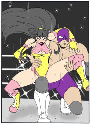Rule 34 | 1boy, 1girl, bare shoulders, black hair, blush, boots, breasts, cleavage cutout, clothing cutout, crotch, crying, cunt punt, elbow gloves, closed eyes, fighting, fingerless gloves, full body, ghost13, gloves, highres, large breasts, leotard, long hair, mixed wrestling, muscular, ninoita rina, open mouth, original, pain, ryona, screaming, sweat, tears, thigh boots, thighhighs, thighs, underwear, very long hair, wrestling, wrestling outfit, wrestling ring
