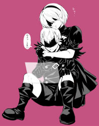 Rule 34 | 1boy, 1girl, blindfold, boots, cleavage cutout, closed mouth, clothing cutout, couple, covered eyes, dress, gloves, greyscale, greyscale with colored background, hairband, hetero, holographic interface, hug, hug from behind, isaroishin, jacket, monochrome, nier:automata, nier (series), parted lips, puffy short sleeves, puffy sleeves, purple background, red background, short hair, short sleeves, shorts, simple background, sitting, speech bubble, sweatdrop, translated, 2b (nier:automata), 9s (nier:automata)