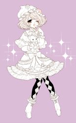 Rule 34 | 1girl, ankle boots, blush, boots, capelet, character request, dress, hand up, highres, lolita fashion, long sleeves, looking at viewer, mamaloni, one eye closed, open mouth, pantyhose, pink background, ribbon, short hair, show by rock!!, simple background, solo, sparkle, yawning