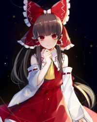 Rule 34 | 1girl, absurdres, ascot, black hair, blunt bangs, bow, closed mouth, cowboy shot, daimaou ruaeru, detached sleeves, hair bow, hair tubes, hakurei reimu, highres, long hair, looking at viewer, nontraditional miko, ponytail, red bow, red eyes, red shirt, red skirt, ribbon-trimmed sleeves, ribbon trim, shirt, skirt, skirt set, sleeveless, sleeveless shirt, solo, touhou, very long hair, wide sleeves