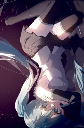 Rule 34 | 1girl, absurdres, black skirt, black sleeves, black thighhighs, blue eyes, blue hair, boots, commentary, convenient skirt, covered mouth, crossed arms, detached sleeves, full body, hair between eyes, hand on own arm, hatsune miku, highres, legs apart, long bangs, long hair, long sleeves, miniskirt, pleated skirt, shirt, sidelocks, skirt, sleeveless, sleeveless shirt, solo, thigh boots, thighhighs, twintails, un known9999, upside-down, very long hair, vocaloid, white shirt, zettai ryouiki