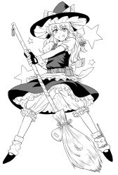 Rule 34 | 1girl, belt, bloomers, bow, broom, fingerless gloves, full body, gloves, greyscale, grin, hat, hat bow, holding, holding broom, kirisame marisa, looking at viewer, map, miniskirt, monochrome, pouch, shoes, short sleeves, simple background, skirt, skirt set, smile, socks, solo, standing, star (symbol), teeth, touhou, tsurui, underwear, vest, white background, witch hat