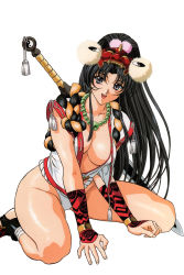 Rule 34 | 1girl, bead necklace, beads, black hair, breasts, center opening, fumi akihiro, fundoshi, highres, japanese clothes, jewelry, large breasts, long hair, looking at viewer, mask, mask on head, necklace, open mouth, simple background, sleeveless, solo, sword, weapon, white background, yin yang