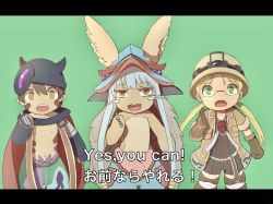 Rule 34 | 1boy, 2girls, animal ears, blonde hair, body fur, boots, brown gloves, brown hair, brown jacket, cape, collar, ears through headwear, english text, fake horns, furry, glasses, gloves, green background, green eyes, hair between eyes, hat, helmet, highres, horizontal pupils, horned helmet, horns, jacket, just do it (meme), letterboxed, long hair, looking at viewer, low twintails, made in abyss, mechanical arms, meme, metal collar, multiple girls, nanachi (made in abyss), open mouth, parody, puffy pants, red cape, regu (made in abyss), riasgomibako, riko (made in abyss), semi-rimless eyewear, shia labeouf, shirt, shorts, silver hair, simple background, standing, subtitled, thumbs up, topless, twintails, under-rim eyewear, whiskers, whistle, yellow eyes