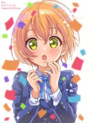 Rule 34 | 1girl, :o, ahoge, bad id, bad pixiv id, blazer, blue bow, blue bowtie, blue jacket, blush, bow, bowtie, character name, confetti, dated, green eyes, hands up, happy birthday, hoshizora rin, jacket, long sleeves, looking at viewer, love live!, love live! school idol project, necocafe lili, open mouth, orange hair, otonokizaka school uniform, school uniform, short hair, simple background, solo, surprised, tareme, upper body, white background