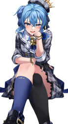 Rule 34 | 1girl, asymmetrical legwear, beret, blue eyes, blue hair, blue nails, blue necktie, bracelet, crossed legs, gloves, hair between eyes, hat, highres, hololive, hoshimachi suisei, hoshimachi suisei (1st costume), jewelry, looking at viewer, medium hair, moonbell, nail polish, necktie, open mouth, partially fingerless gloves, side ponytail, simple background, sitting, solo, sweat, virtual youtuber, white background