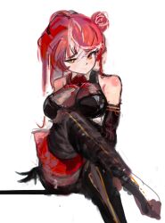 Rule 34 | 1girl, absurdres, black footwear, boots, breasts, closed mouth, crossed legs, heterochromia, highres, hololive, houshou marine, large breasts, legs, looking at viewer, red hair, retrocreature, simple background, sitting, smile, smirk, solo, thighs, virtual youtuber, white background