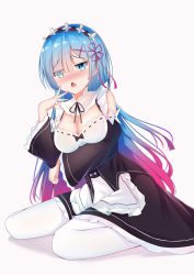 Rule 34 | 1girl, absurdres, bad id, bad pixiv id, bare shoulders, blue eyes, blue hair, blush, breasts, catnnn, cleavage, cleavage cutout, clothing cutout, commentary request, detached sleeves, dress, frills, hair ornament, hair over one eye, hair ribbon, highres, long hair, looking at viewer, maid, maid headdress, medium breasts, multicolored hair, open mouth, pantyhose, pink hair, pink ribbon, re:zero kara hajimeru isekai seikatsu, red ribbon, rem (re:zero), revision, ribbon, simple background, sitting, solo, two-tone hair, white background, white pantyhose, x hair ornament