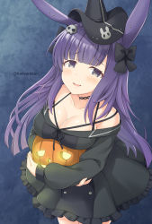 Rule 34 | 1girl, animal ears, arknights, bare shoulders, black bow, black dress, black hat, blush, bow, breasts, cleavage, collarbone, commentary request, dress, female focus, frilled dress, frills, grey eyes, hair bow, hair ornament, hat, hugging object, jack-o&#039;-lantern, kaiware-san, large breasts, long hair, looking at viewer, off-shoulder dress, off shoulder, official alternate costume, parted lips, pleated dress, purple hair, rabbit ears, rope (arknights), rope (imp&#039;s house) (arknights), skull hair ornament, smile, solo, standing, twitter username, very long hair, witch hat