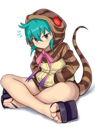 Rule 34 | 1girl, :&lt;, absurdres, animal hood, aomoro, aqua hair, bare legs, blue ribbon, blush, brown eyes, closed mouth, crossed bangs, feet, full body, geta, glowing, gradient neck ribbon, gradient ribbon, hair between eyes, hands in pockets, highres, hood, hood up, hoodie, indian style, kemono friends, long sleeves, looking at viewer, neck ribbon, notice lines, pink ribbon, ribbon, short hair, sitting, snake hood, snake tail, solo, striped clothes, striped hoodie, striped tail, tail, toenails, toes, tsuchinoko (kemono friends), variant set, white background
