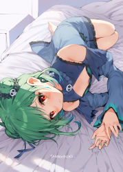 Rule 34 | 1girl, bare shoulders, barefoot, blue dress, blue sleeves, blush, breasts, closed mouth, commentary request, detached sleeves, double bun, downblouse, dress, earrings, frilled dress, frills, green hair, hair bun, hair ornament, hana mori, hands up, highres, hololive, jewelry, juliet sleeves, long sleeves, looking at viewer, lying, on bed, on side, puffy sleeves, red eyes, skull hair ornament, sleeveless, sleeveless dress, small breasts, solo, uruha rushia, uruha rushia (1st costume), virtual youtuber