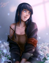 Rule 34 | 1girl, armband, artist name, bare shoulders, blue hair, breasts, byakugan, cleavage, collarbone, cosplay, fishnets, flower, hakuno shigeru, head tilt, hime cut, hyuuga hinata, jacket, large breasts, long hair, looking away, naruto: the last, naruto (series), off shoulder, open clothes, parted lips, purple eyes, signature, sleeves rolled up, smile, solo, straight hair, strap slip, unzipped, upper body, white eyes, white flower, zipper
