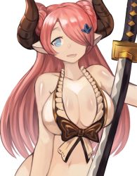 Rule 34 | 1girl, :d, bare arms, bare shoulders, bikini, blue eyes, breasts, granblue fantasy, hair ornament, hair over one eye, hairclip, halterneck, highres, horns, japanese clothes, kimono, large breasts, long hair, narmaya (granblue fantasy), narmaya (summer) (granblue fantasy), navel, one eye covered, open mouth, pink hair, pointy ears, simple background, smile, solo, sookmo, swimsuit, upper body, white background, white bikini