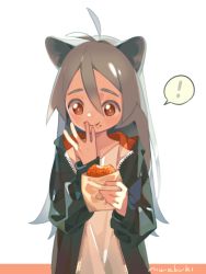 Rule 34 | !, 1girl, 3:, :t, animal ears, antenna hair, aqua hair, aqua jacket, artist name, backlighting, bad id, bad tumblr id, cat ears, closed mouth, croquette, dot nose, eyebrows, finger to mouth, food, food on face, hair between eyes, hands up, holding, holding food, hood, hood down, hooded jacket, jacket, long hair, long sleeves, niwabuki, noshime ruka, open clothes, open jacket, original, red eyes, shirt, signature, simple background, solo, speech bubble, spoken exclamation mark, tareme, upper body, white background, white shirt, zipper pull tab
