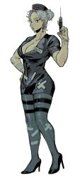 Rule 34 | 1girl, absurdres, bandages, cross, dorohedoro, earrings, full body, hair bun, hand on own hip, hat, high heels, highres, holding, holding syringe, jewelry, looking at viewer, ma2 ereki, name tag, noi (dorohedoro), nurse cap, official alternate costume, red cross, red eyes, short jumpsuit, short sleeves, simple background, solo, syringe, white hair