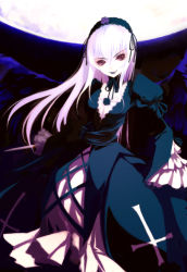 Rule 34 | 00s, 1girl, albino, chinchickrin, cross print, dagger, dress, flower, frills, hairband, holding, holding weapon, knife, lipstick, long hair, long sleeves, looking at viewer, makeup, moon, night, red eyes, rose, rozen maiden, solo, suigintou, weapon, white hair, wings