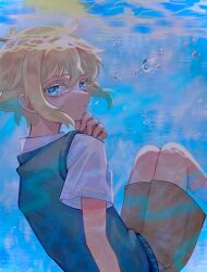 Rule 34 | 0tz026, 1boy, basil (faraway) (omori), basil (omori), blonde hair, blue eyes, brown shorts, collared shirt, crying, crying with eyes open, green sweater vest, highres, looking at viewer, male focus, omori, parted lips, shirt, short hair, short sleeves, shorts, socks, solo, sweater vest, tears, underwater, white shirt, white socks