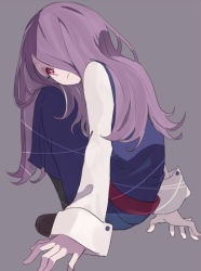 Rule 34 | 10s, 1girl, hair over one eye, knees up, little witch academia, long hair, looking at viewer, looking back, pale skin, pink hair, red eyes, school uniform, simple background, sitting, solo, sou (tuhut), sucy manbavaran