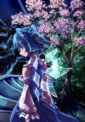Rule 34 | 1girl, bare shoulders, blue eyes, blue hair, cherry blossoms, cirno, detached sleeves, from behind, highres, ice, ice wings, looking back, matching hair/eyes, same 2009, solo, stairs, touhou, tree, wings