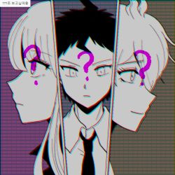 1girl 2boys ? ahoge amami_rantaro blunt_bangs brown_background closed_mouth collared_shirt danganronpa:_trigger_happy_havoc danganronpa_(series) danganronpa_2:_goodbye_despair danganronpa_v3:_killing_harmony green_background highres hinata_hajime kirigiri_kyoko long_hair messy_hair multiple_boys necktie portrait profile purple_background shirt short_hair smile tansug_(tansuk88) trait_connection translation_request