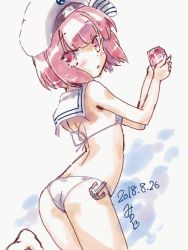 Rule 34 | 1girl, ass, bikini, brown eyes, brown hair, can, clothes writing, dr pepper, drink can, hat, highres, kantai collection, looking at viewer, miuku (marine sapphire), peaked cap, sailor bikini, sailor collar, sailor hat, short hair, soda can, solo, swimsuit, white bikini, white hat, white sailor collar, z3 max schultz (kancolle)