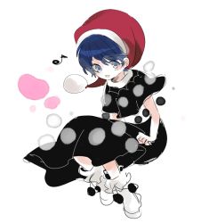 Rule 34 | 1girl, blue eyes, blue hair, blush, boots, capelet, doremy sweet, dress, full body, hat, looking at viewer, matching hair/eyes, minako (gazekura), musical note, nightcap, open mouth, short hair, simple background, smile, solo, touhou, white background